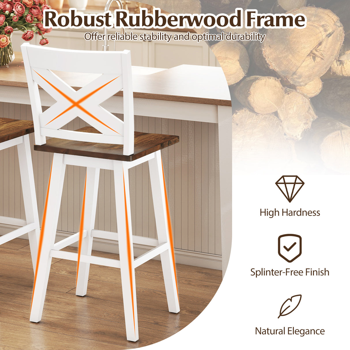 29" Rubberwood Swivel Barstools Set of 2 with Backrest and Large Seat-White