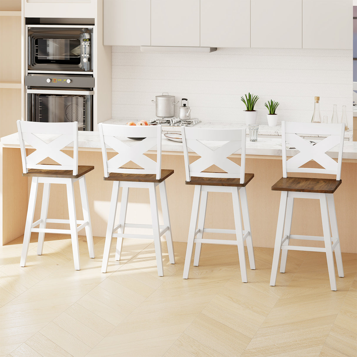29" Rubberwood Swivel Barstools Set of 4 with Backrest and Large Seat-White