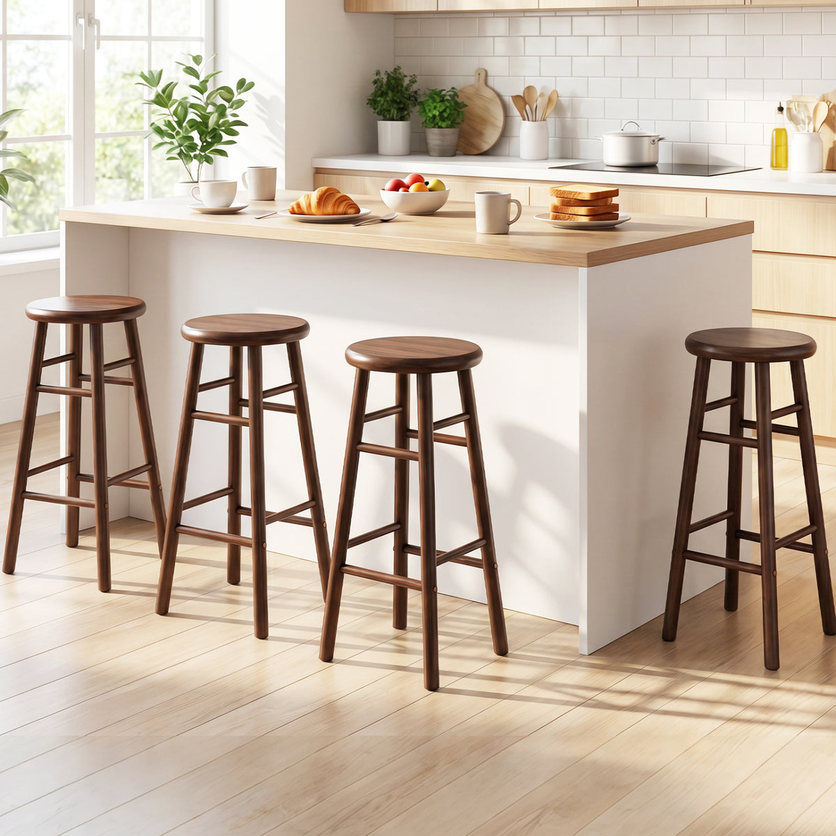 29" Swivel Bar Stools Set of 2 with Footrests & Crossbars-Walnut