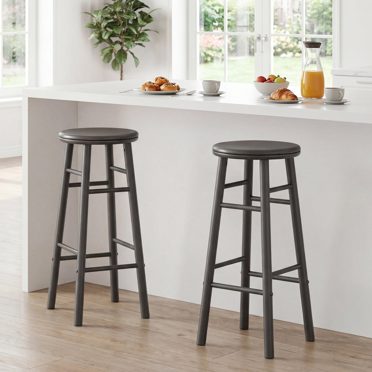 29" Swivel Bar Stools Set of 2 with Footrests & Crossbars-Gray