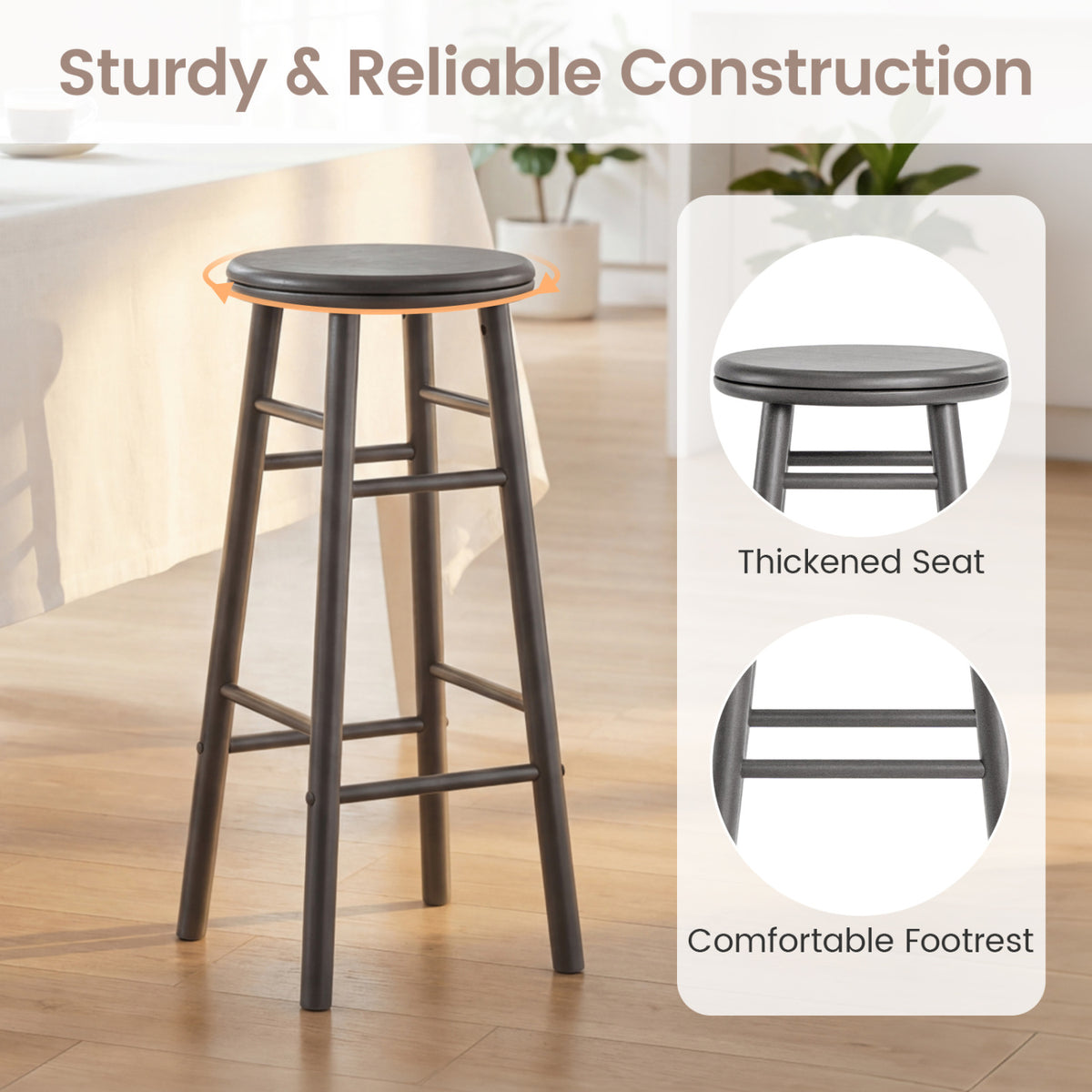 29" Swivel Bar Stools Set of 2 with Footrests & Crossbars-Gray