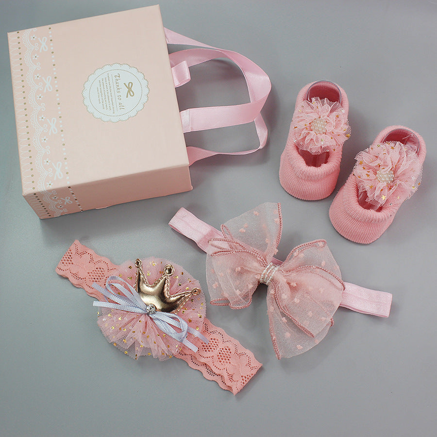 Flower Baby Girl Headband Socks Set Shoes With Crown Bows Newborn Headbands For Girls Turban Baby Hair Accessories