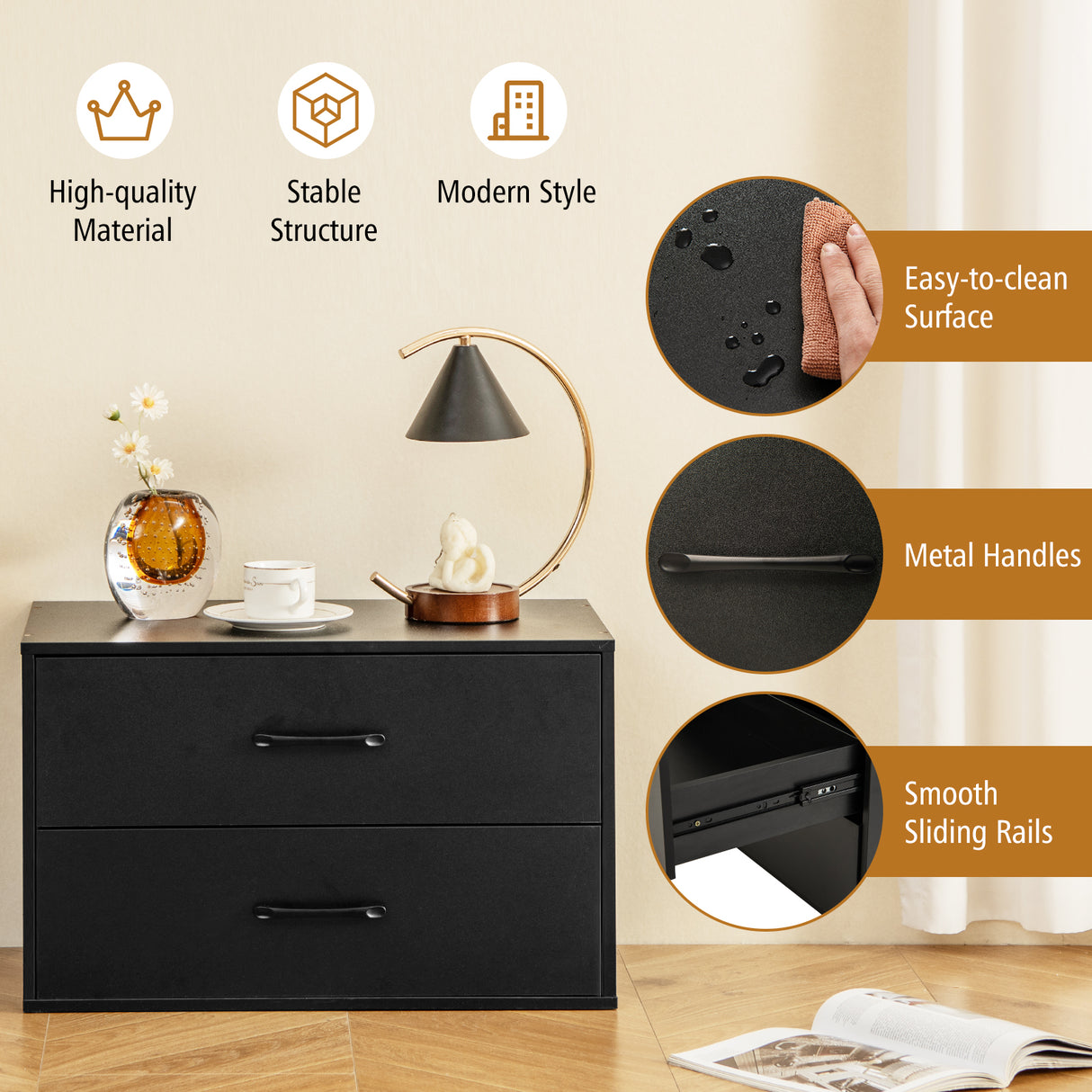 2-Drawer Stackable Horizontal Storage Cabinet Dresser Chest with Handles-Black