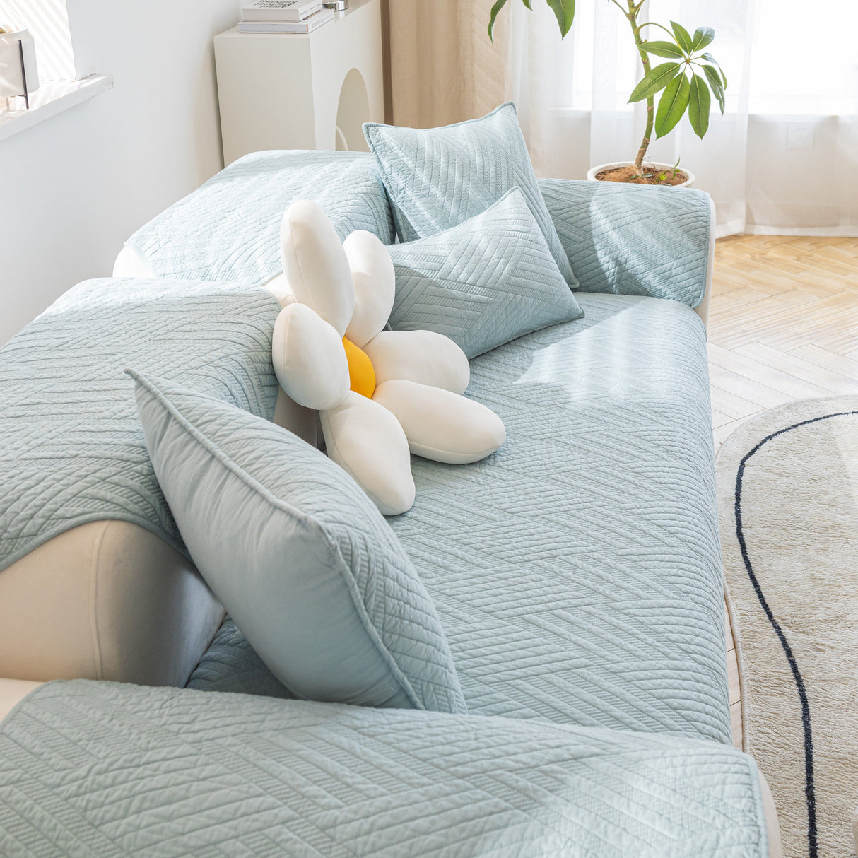 Quilted Geometric Cotton Sofa Cover, Non-Slip & Thick Padded Furniture Covers