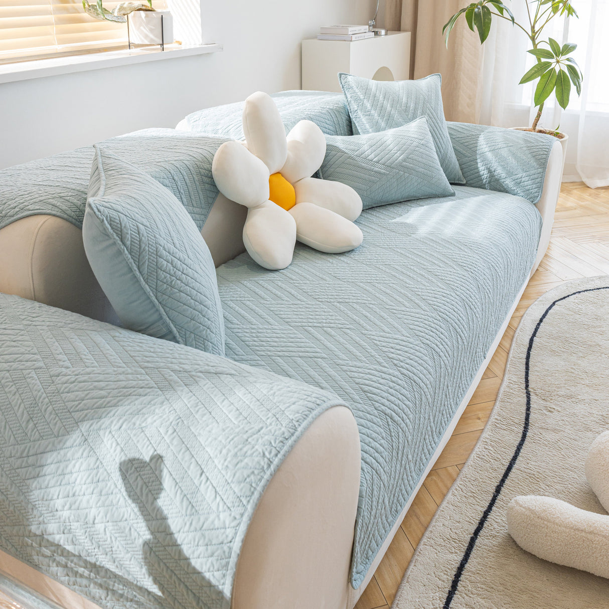 Quilted Geometric Cotton Sofa Cover, Non-Slip & Thick Padded Furniture Covers