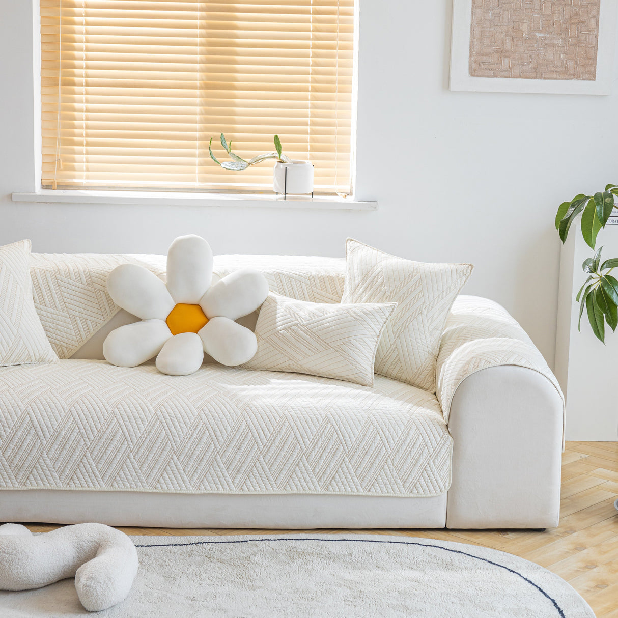 Quilted Geometric Cotton Sofa Cover, Non-Slip & Thick Padded Furniture Covers