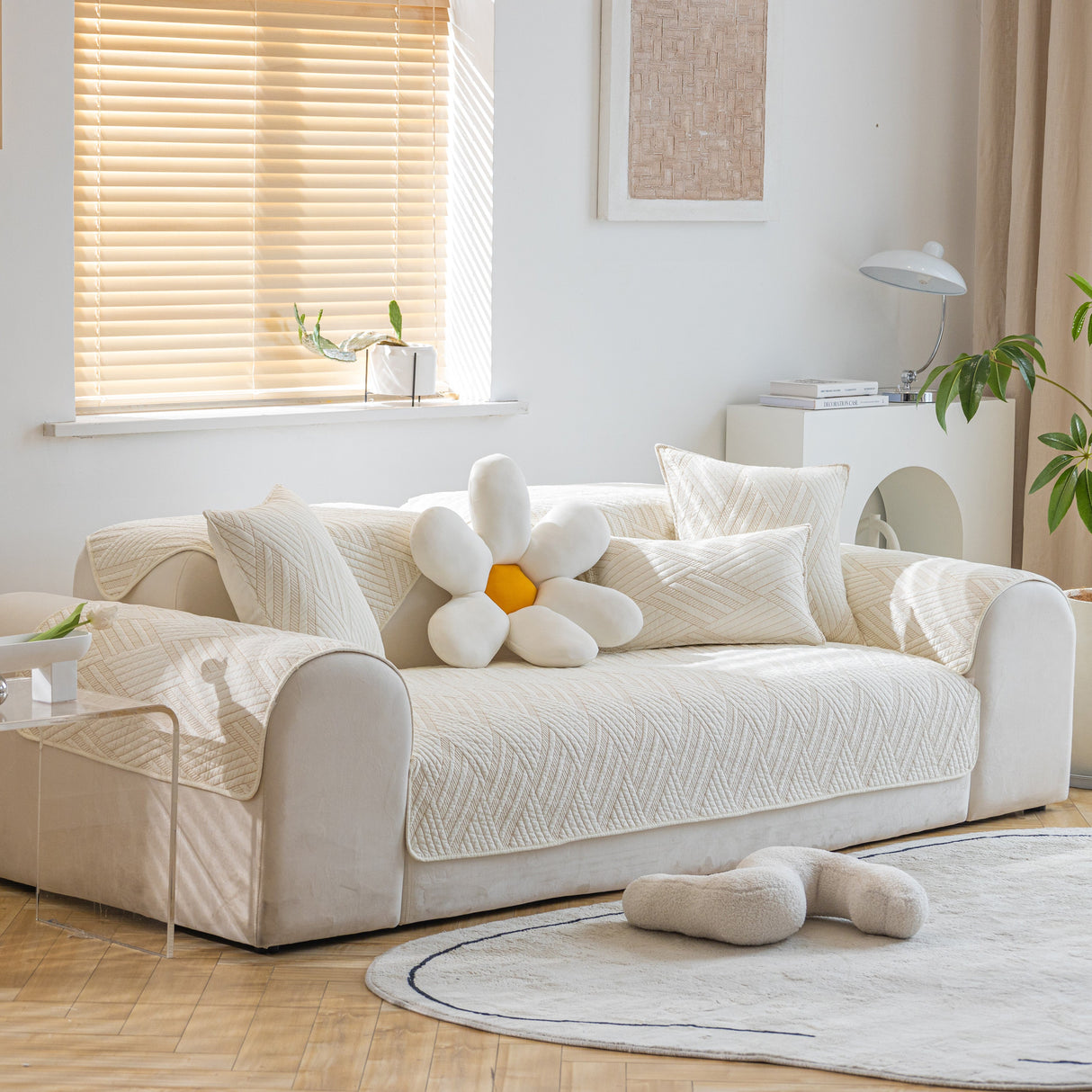 Quilted Geometric Cotton Sofa Cover, Non-Slip & Thick Padded Furniture Covers