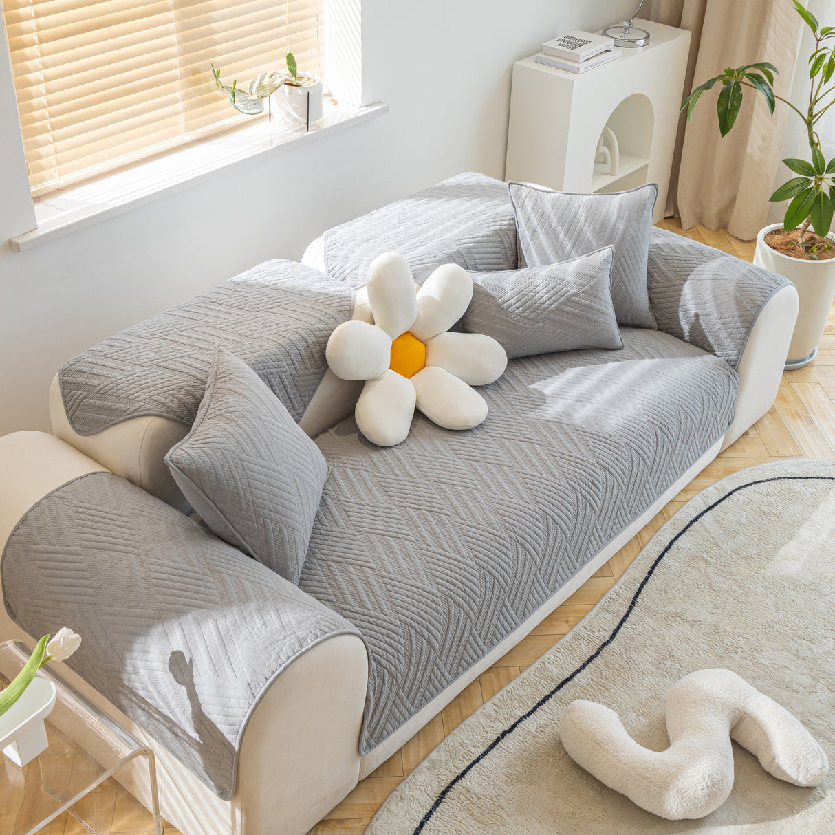 Quilted Geometric Cotton Sofa Cover, Non-Slip & Thick Padded Furniture Covers
