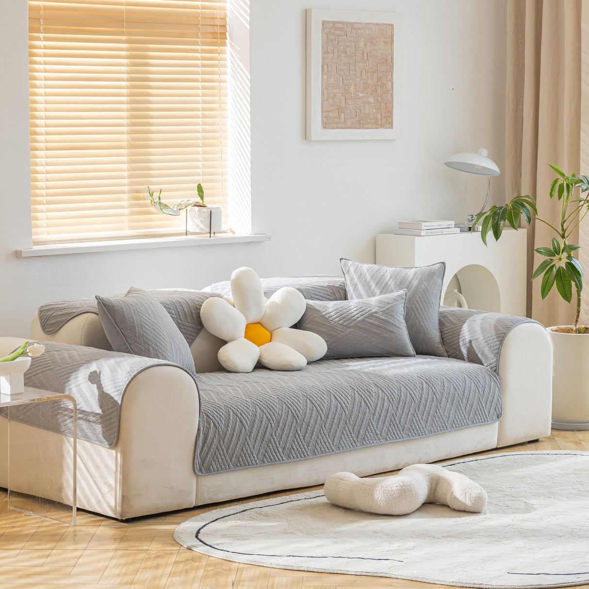 Quilted Geometric Cotton Sofa Cover, Non-Slip & Thick Padded Furniture Covers