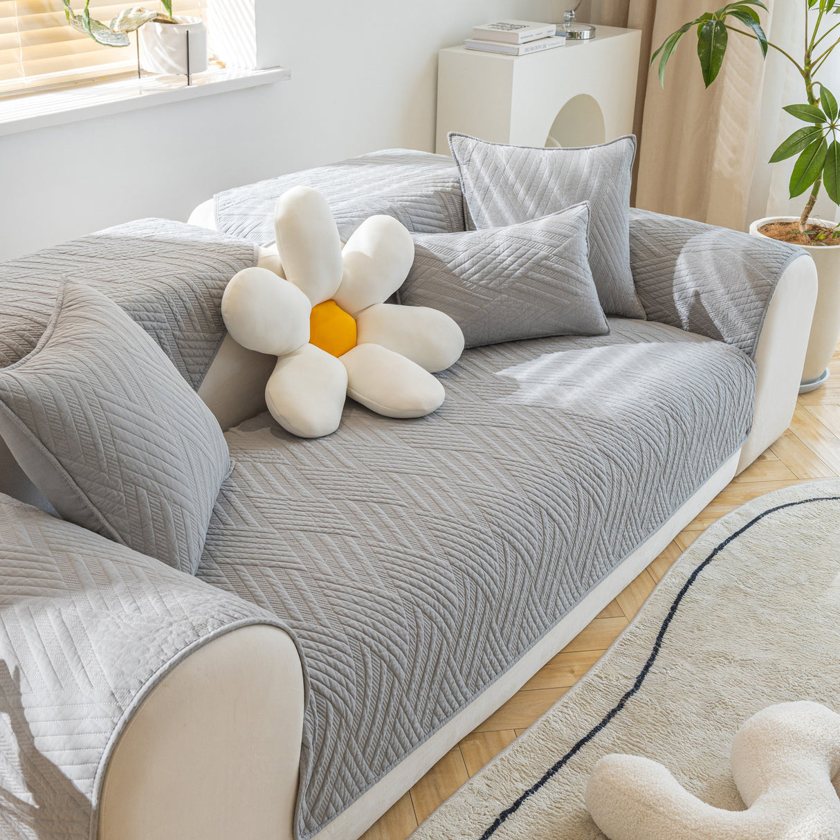 Quilted Geometric Cotton Sofa Cover, Non-Slip & Thick Padded Furniture Covers