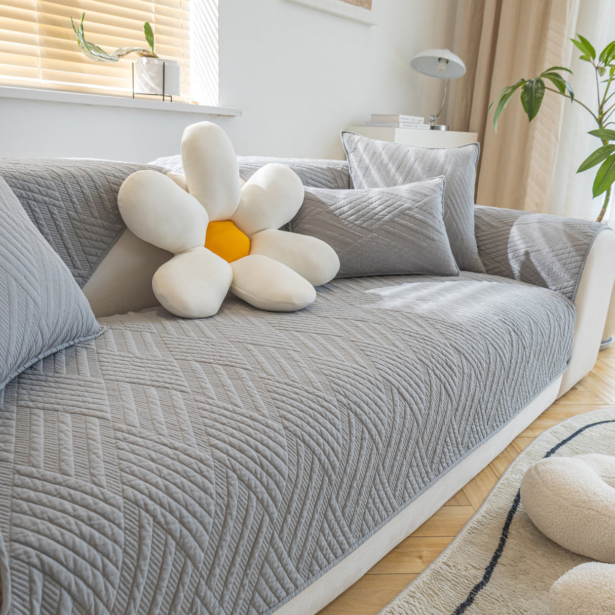 Quilted Geometric Cotton Sofa Cover, Non-Slip & Thick Padded Furniture Covers