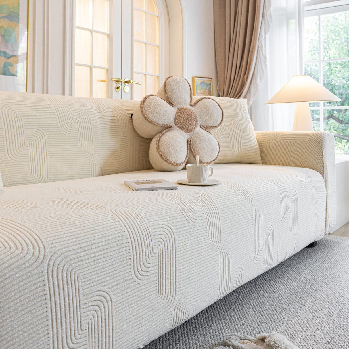 Modern Slipcovers Geometric Textured Stretchable Sofa Cover for Couch with Chaise