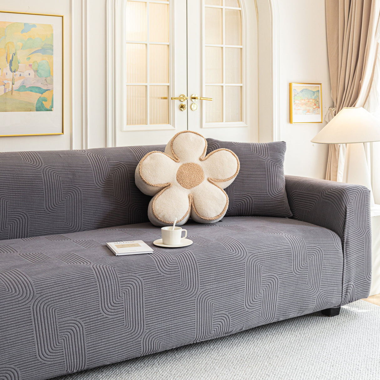 Modern Slipcovers Geometric Textured Stretchable Sofa Cover for Couch with Chaise