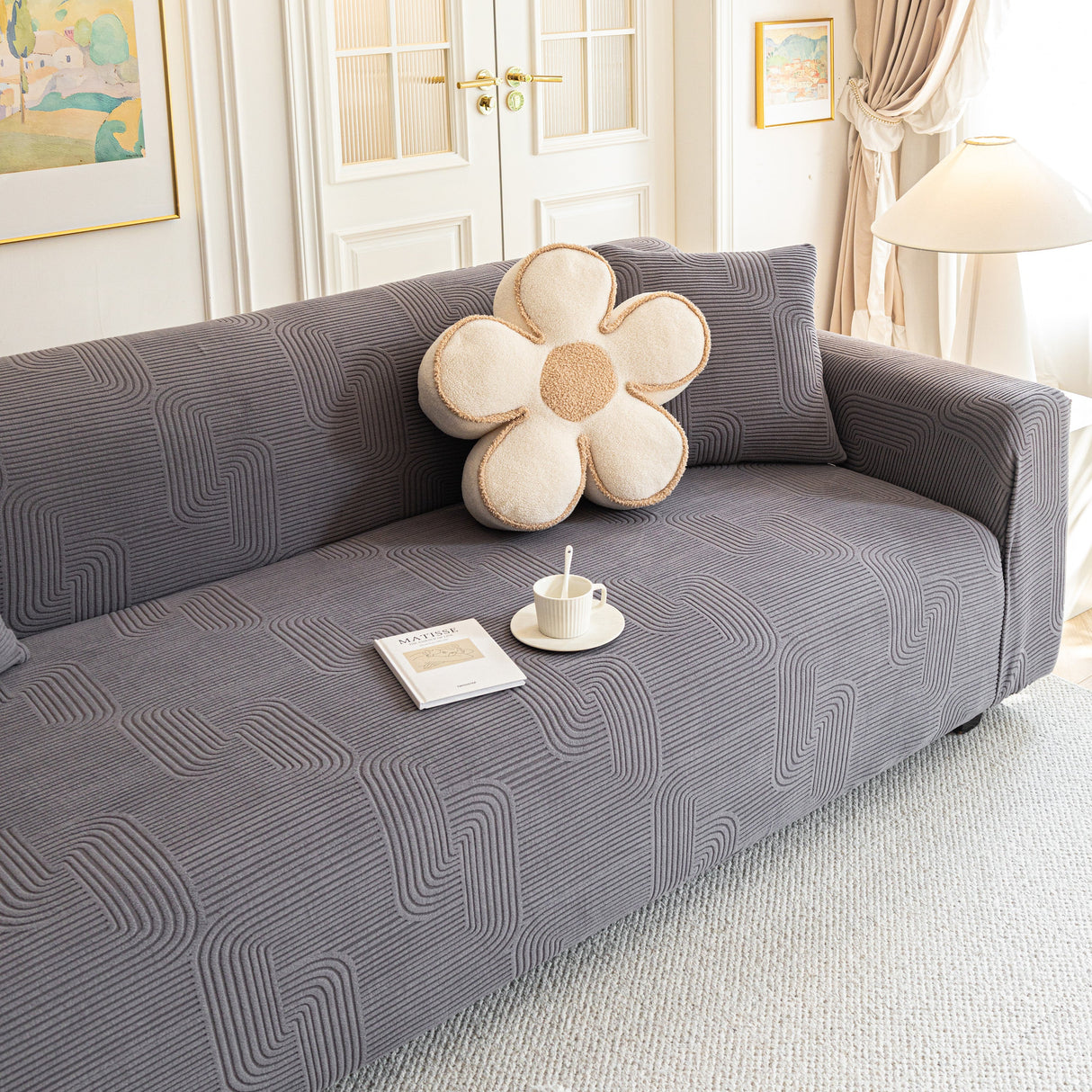 Modern Slipcovers Geometric Textured Stretchable Sofa Cover for Couch with Chaise