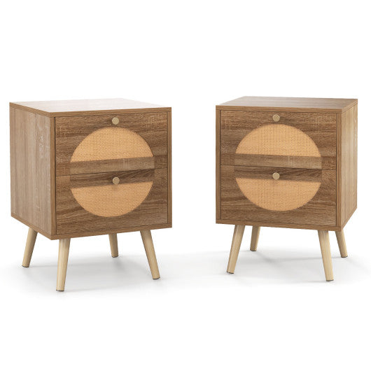 Set of 2 Rattan Nightstand with 2 Drawers and Solid Wood Legs-Natual