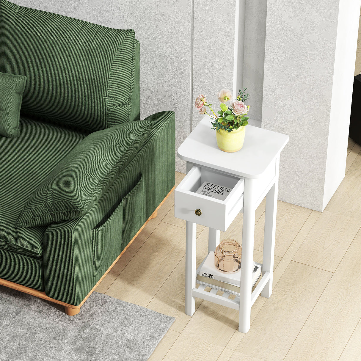 2 Tier Slim Nightstand Bedside Table with Drawer Shelf-Brown