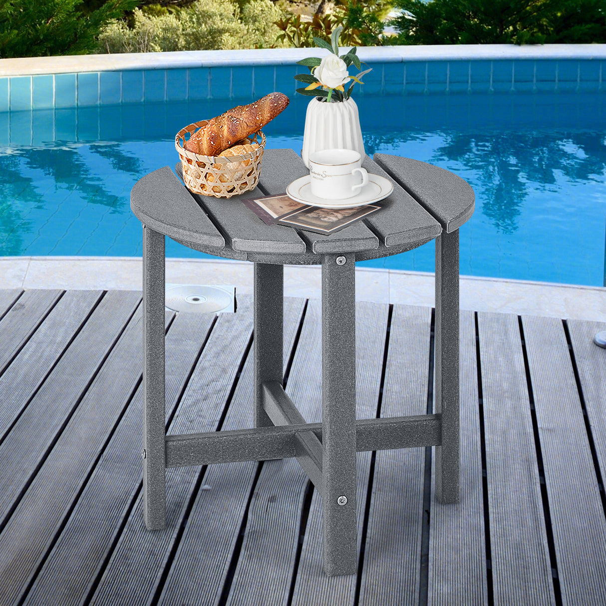 Set of 2 18 Inch Round Weather-Resistant Adirondack Side Tables-Gray