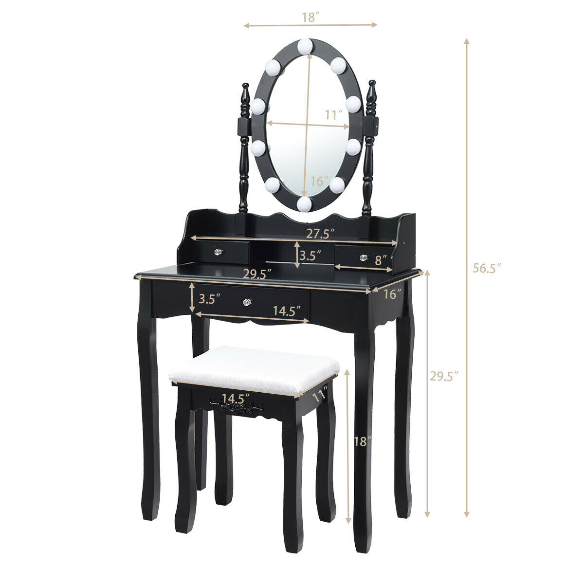 Oval Mirror Vanity Set with 10 LED Dimmable Bulbs and 3 Drawers-Brown