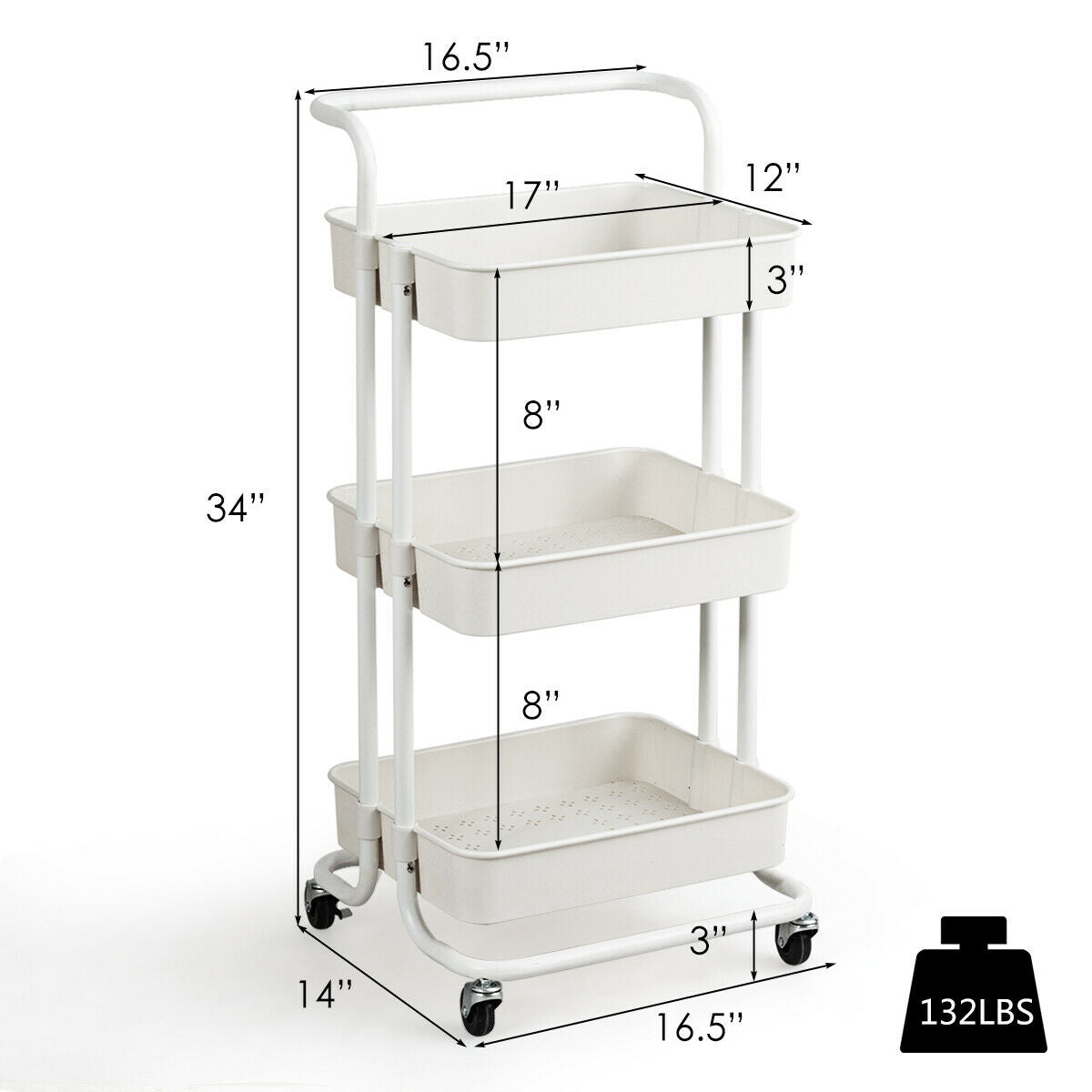 3-Tier Utility Cart Storage Rolling Cart with Casters-Black