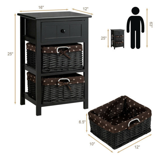 Set of 2 3-Layer 1 Drawer Wood Bedside End Table-Black
