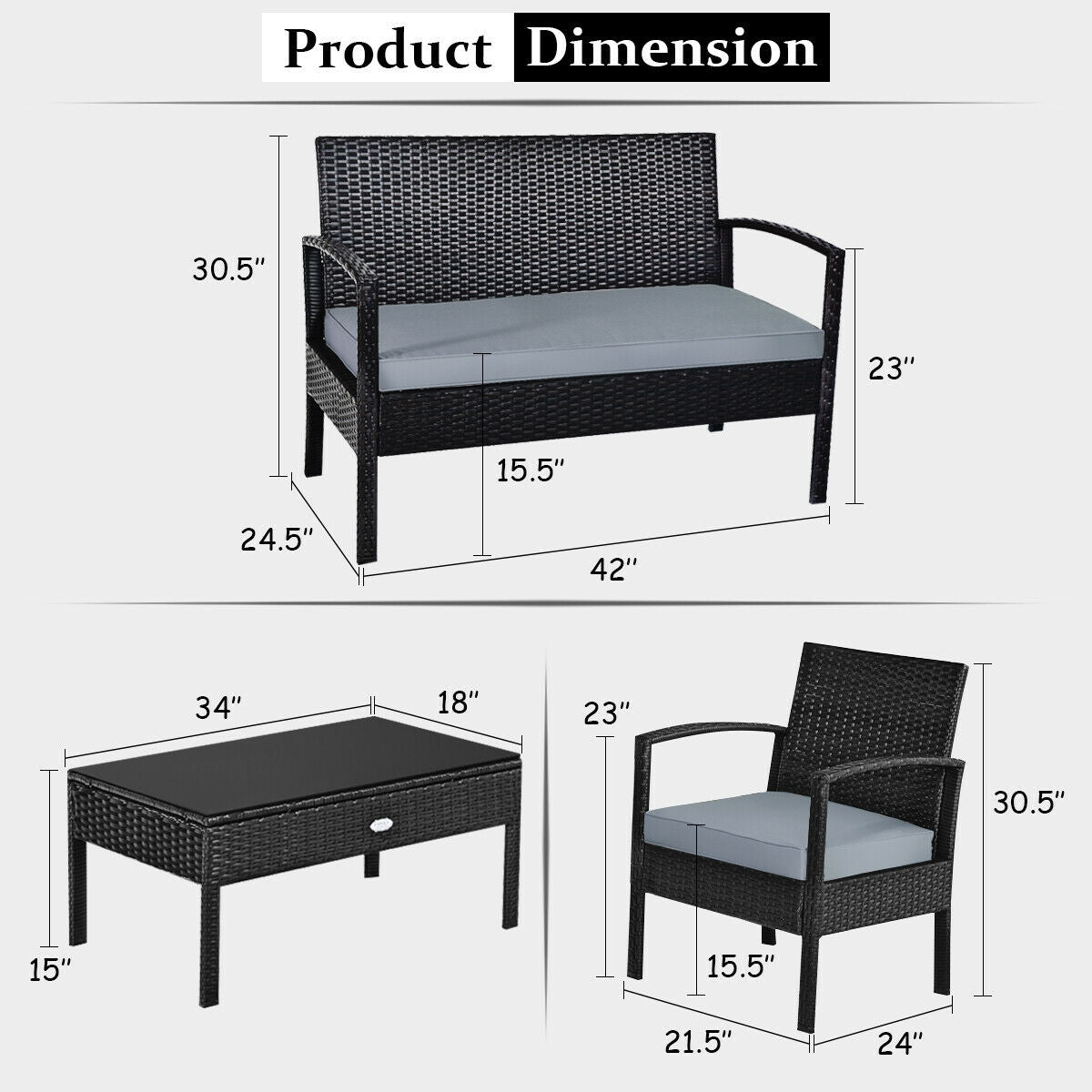 4 Pieces Patio Rattan Cushioned Furniture Set with Loveseat and Table -Brown