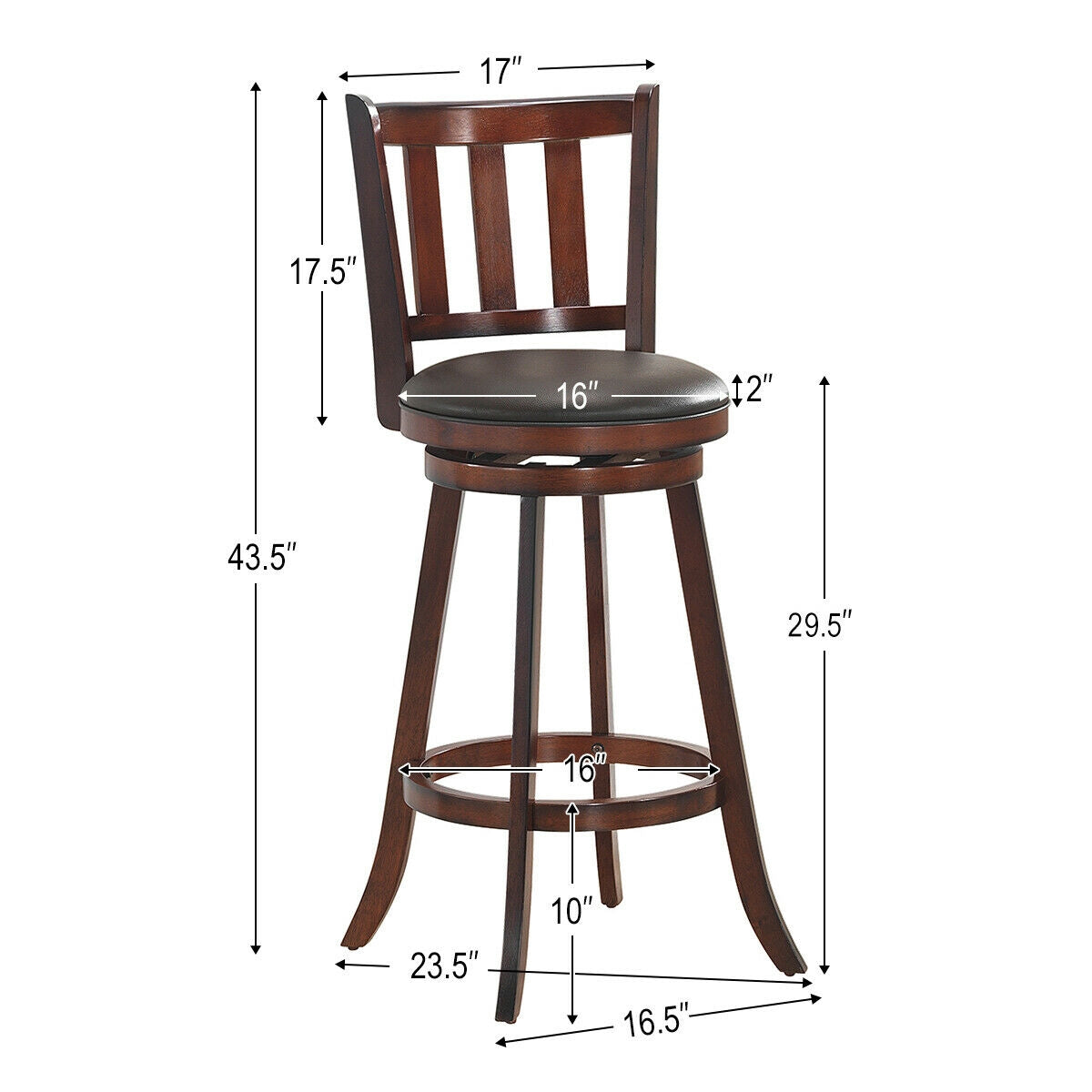2 Pieces 360 Degree Swivel Wooden Counter Height Bar Stool Set with Cushioned Seat-25 inches