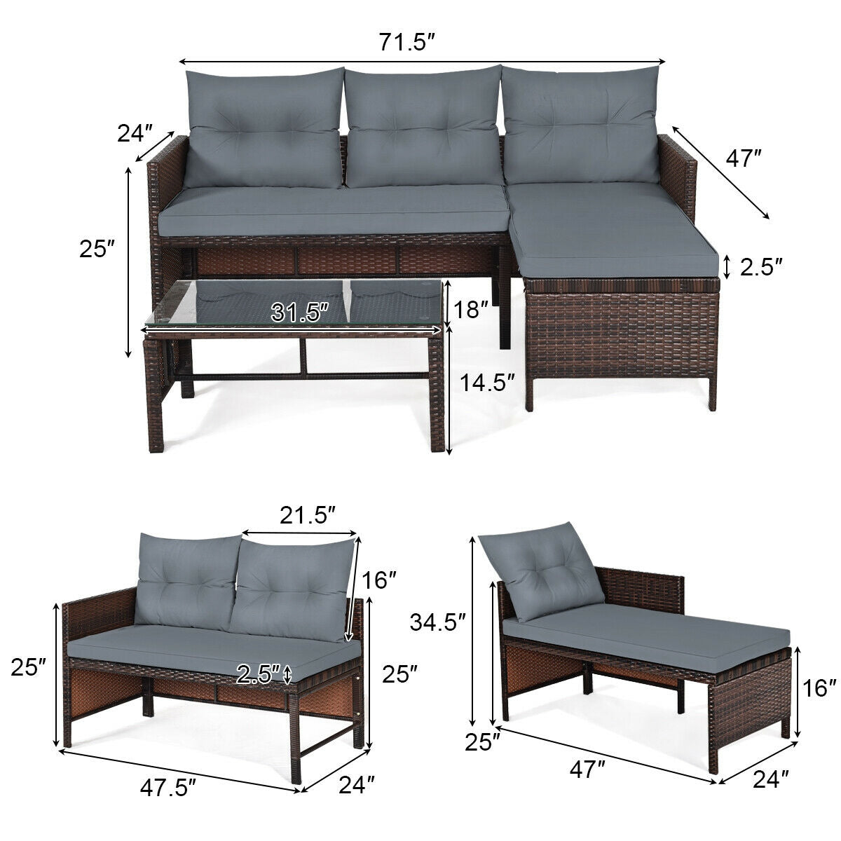 3 Pieces Patio Wicker Rattan Sofa Set-Beige