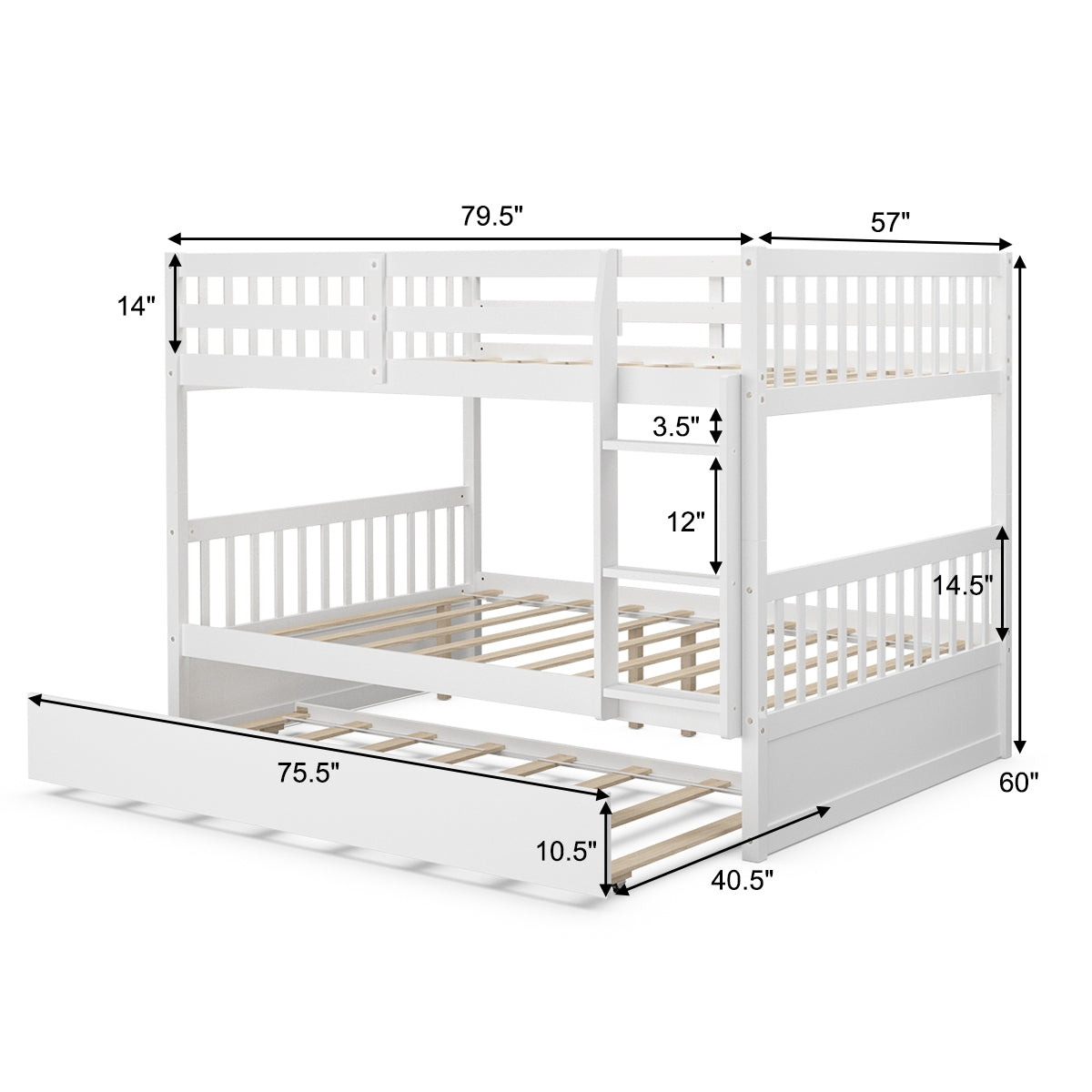 Full over Full Bunk Bed Platform Wood Bed with Ladder-White