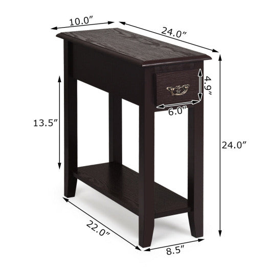 2 Tier End Bedside Sofa Side Table Narrow Nightstand-Espresso