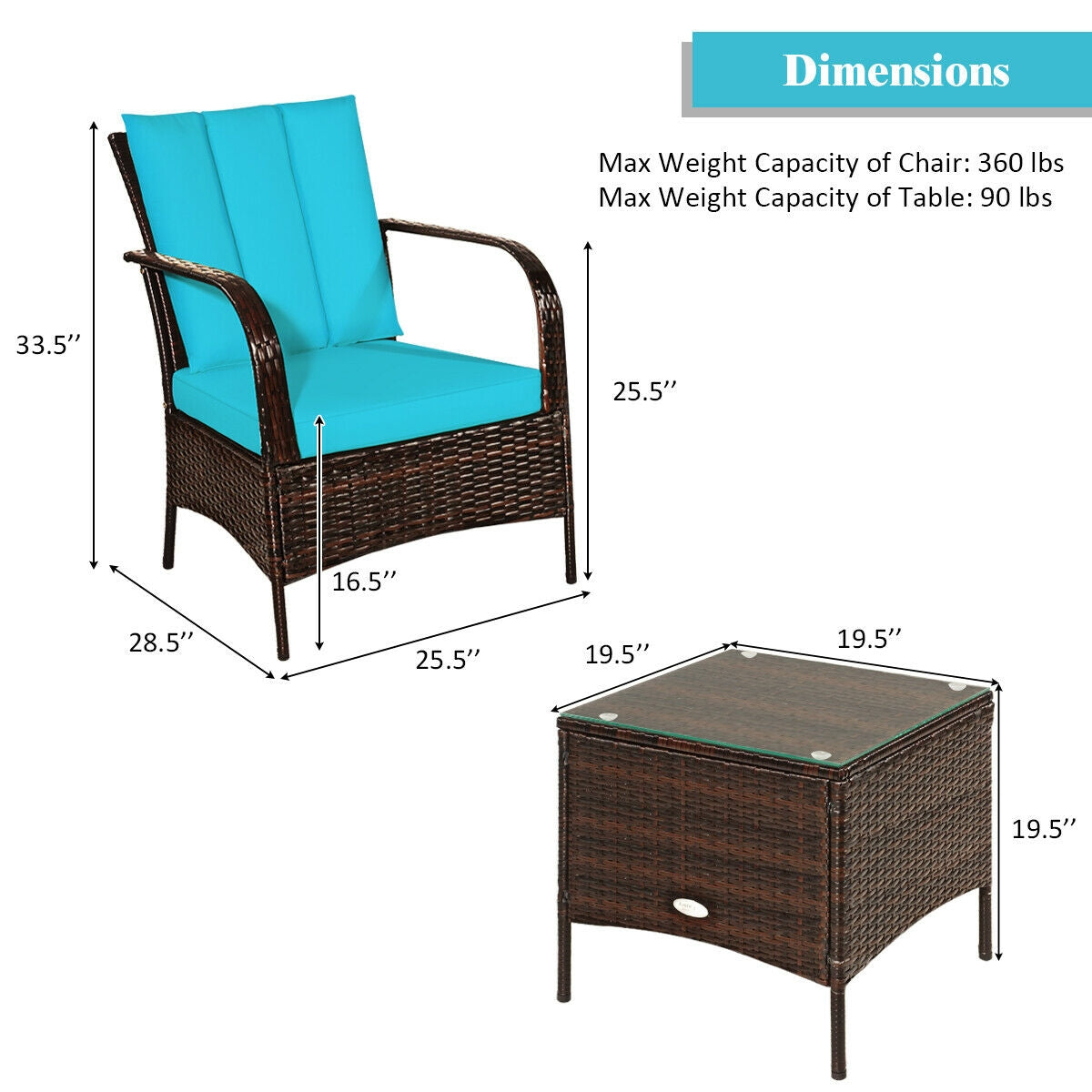3 Pcs Patio Conversation Rattan Furniture Set with Glass Top Coffee Table and Cushions-Gray