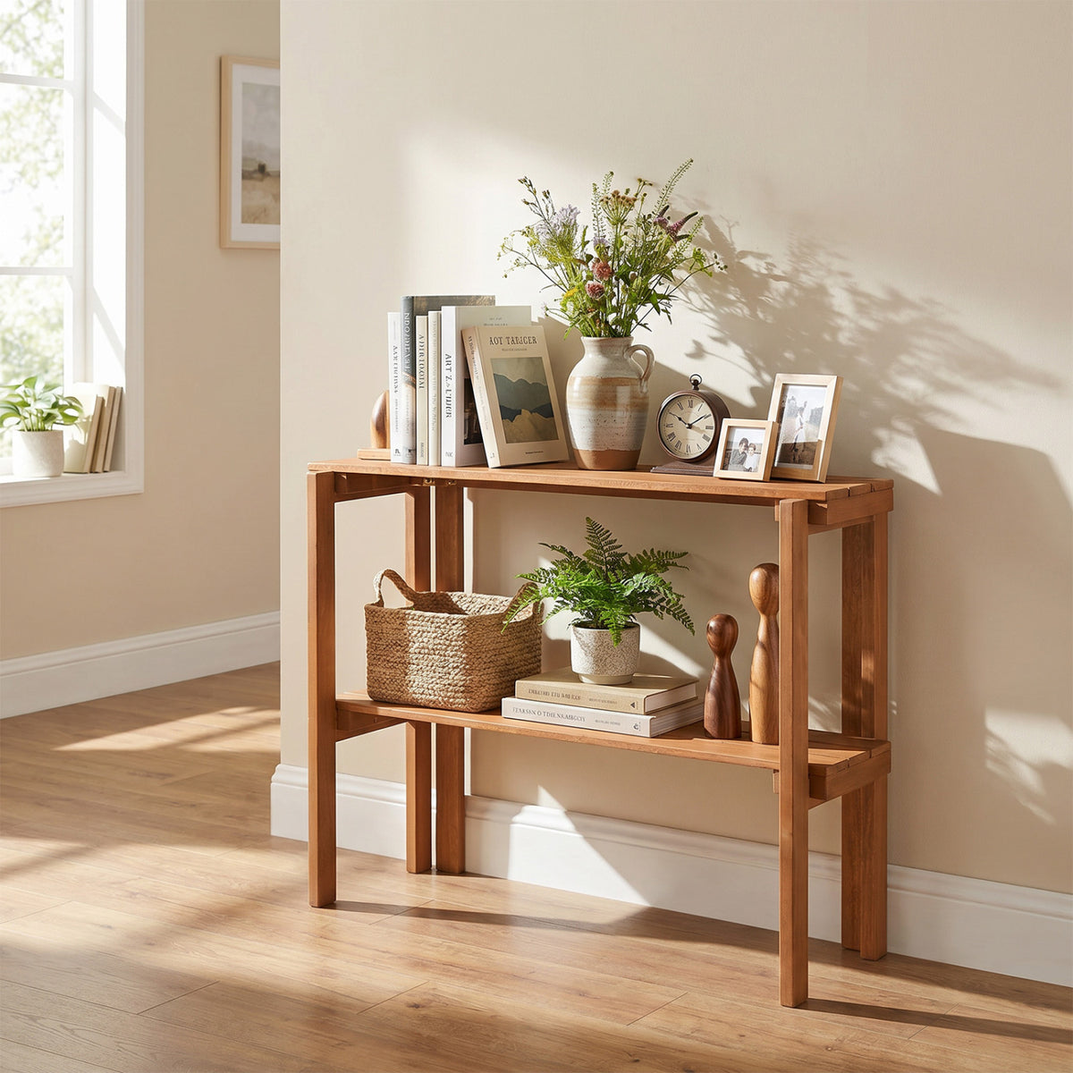 2/3-Tier Folding Wooden Storage Shelves for Entryway and Garden-2-Tier