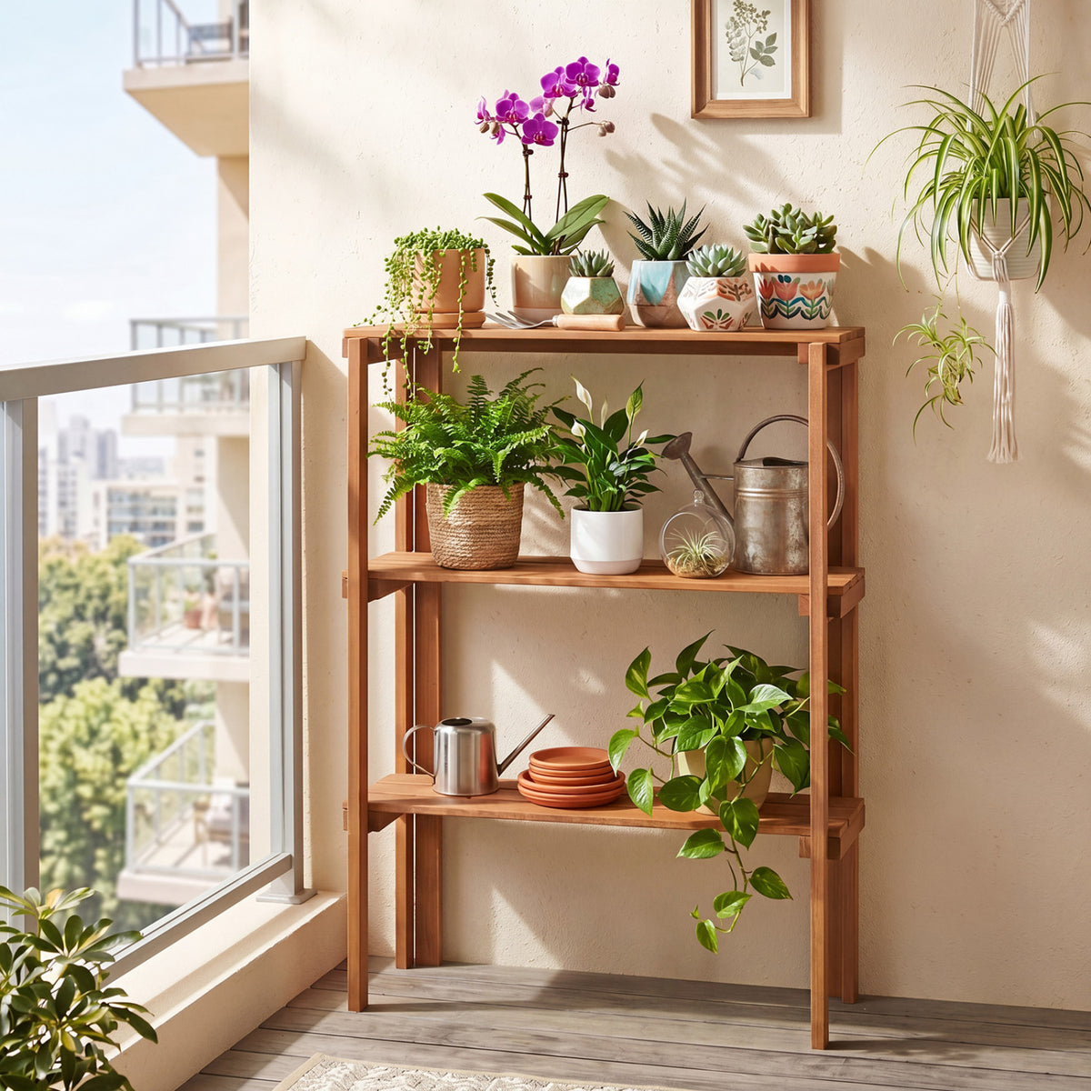 2/3-Tier Folding Wooden Storage Shelves for Entryway and Garden-3-Tier