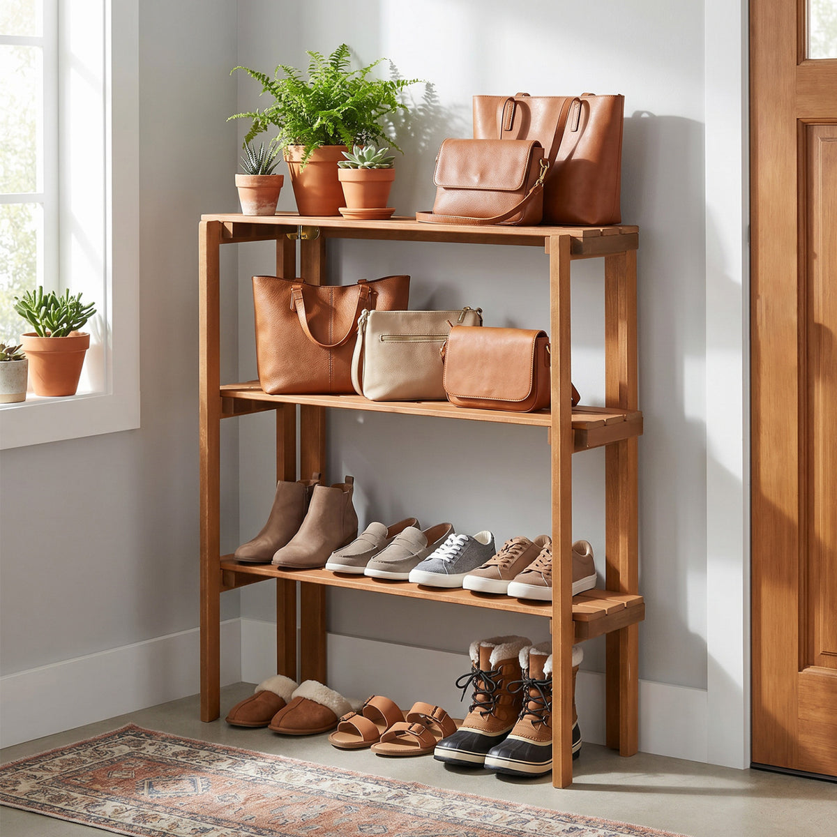 2/3-Tier Folding Wooden Storage Shelves for Entryway and Garden-3-Tier
