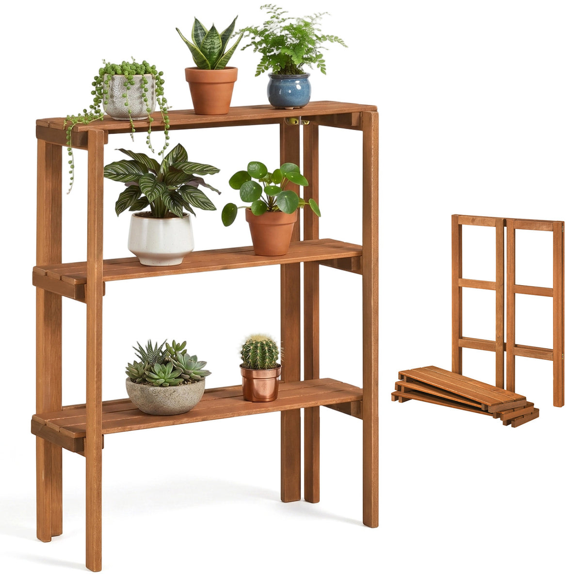 2/3-Tier Folding Wooden Storage Shelves for Entryway and Garden-3-Tier