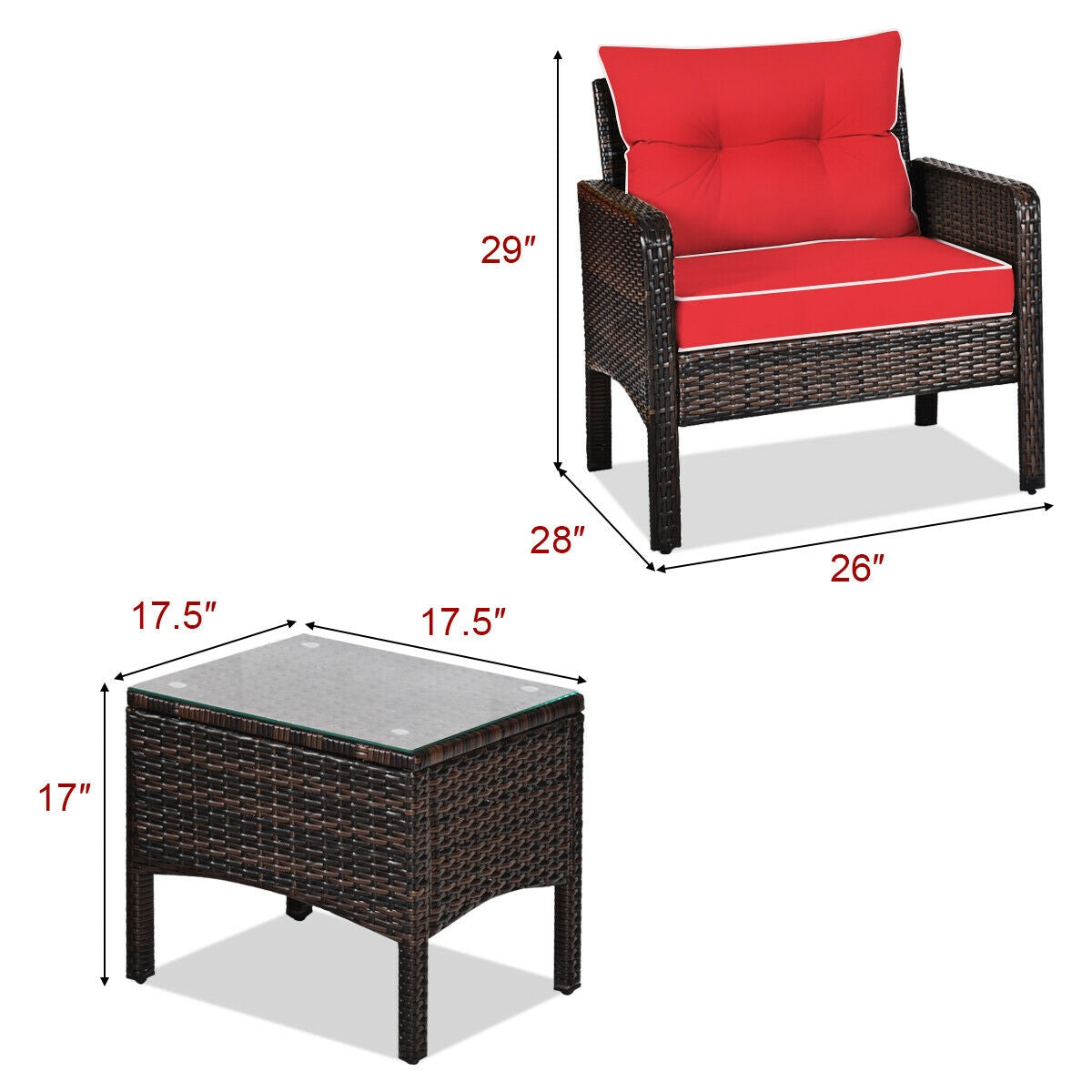3 Pieces Outdoor Patio Rattan Conversation Set with Seat Cushions-Beige