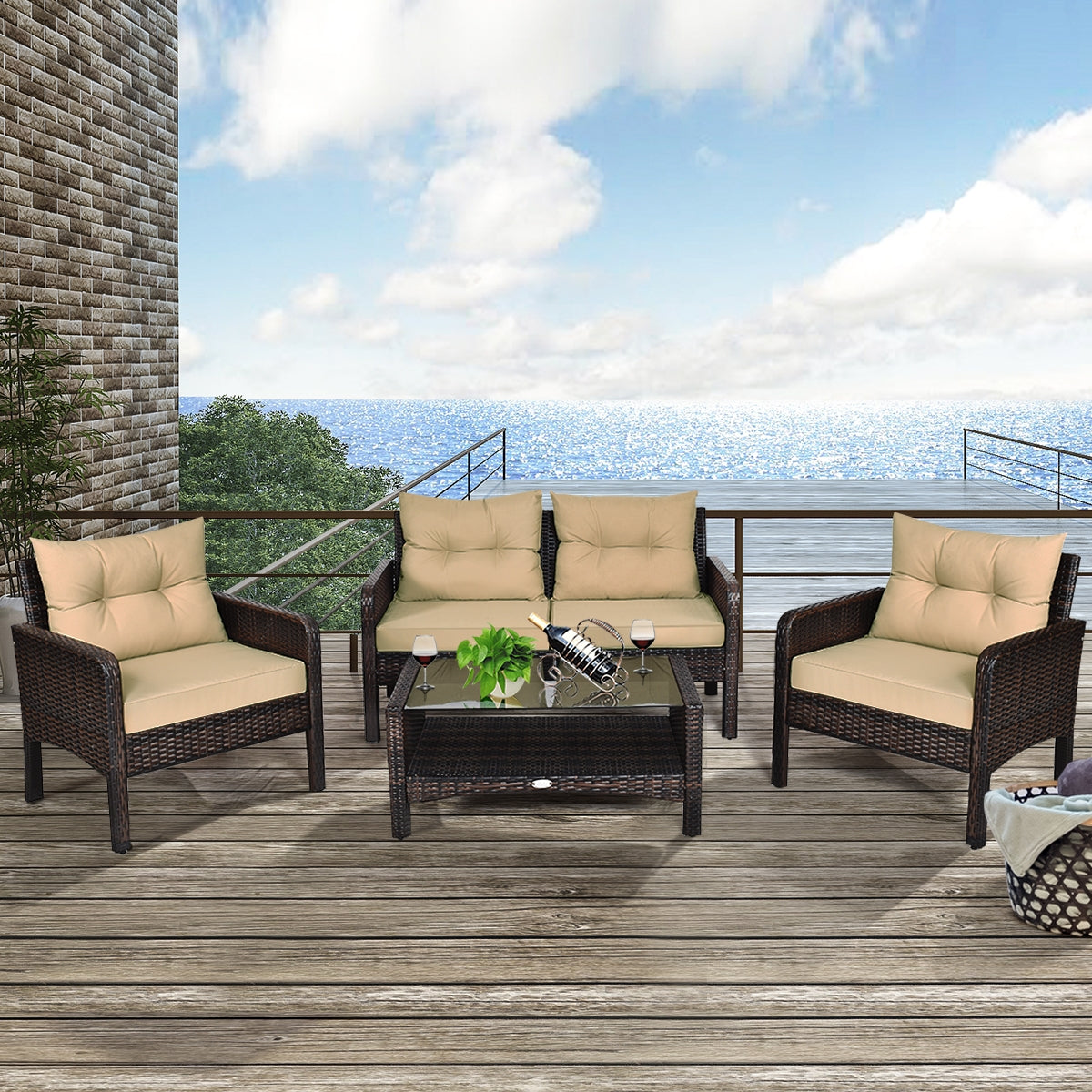 4 Pieces Outdoor Rattan Wicker Loveseat Furniture Set with Cushions-Red