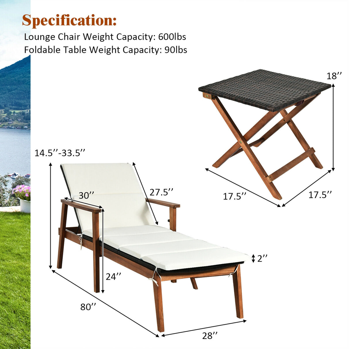 3 Pieces Portable Patio Cushioned Rattan Lounge Chair Set with Folding Table-Turquoise