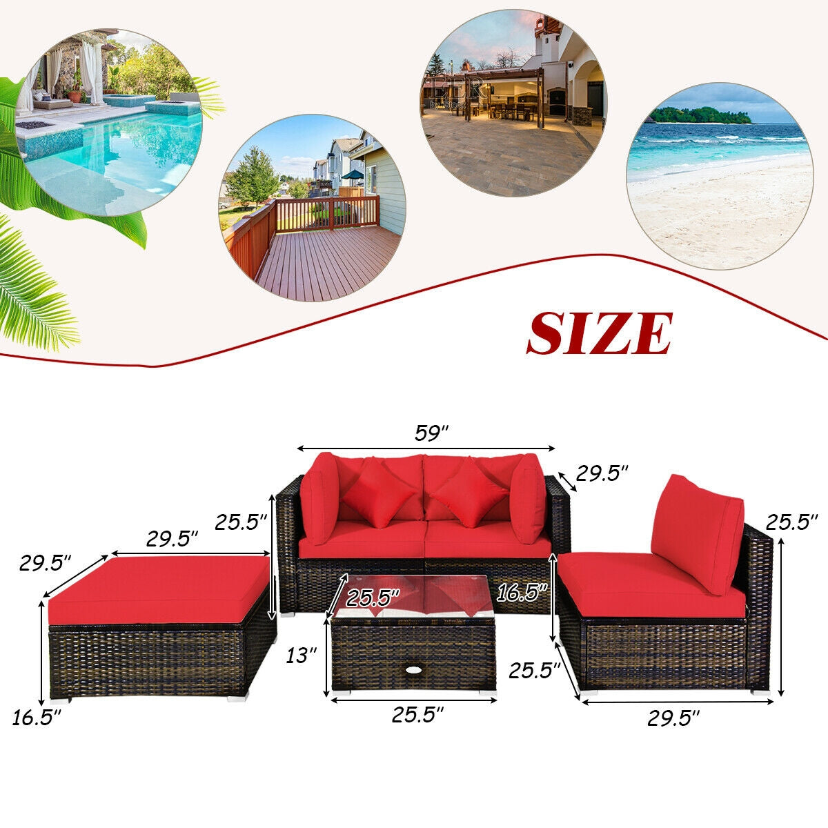 5 Pieces Outdoor Patio Rattan Furniture Set With Cushions-Beige