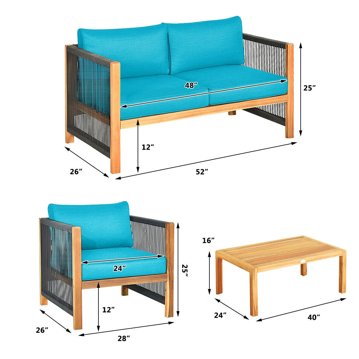 4 Pieces Acacia Wood Outdoor Patio Furniture Set with Cushions-Gray