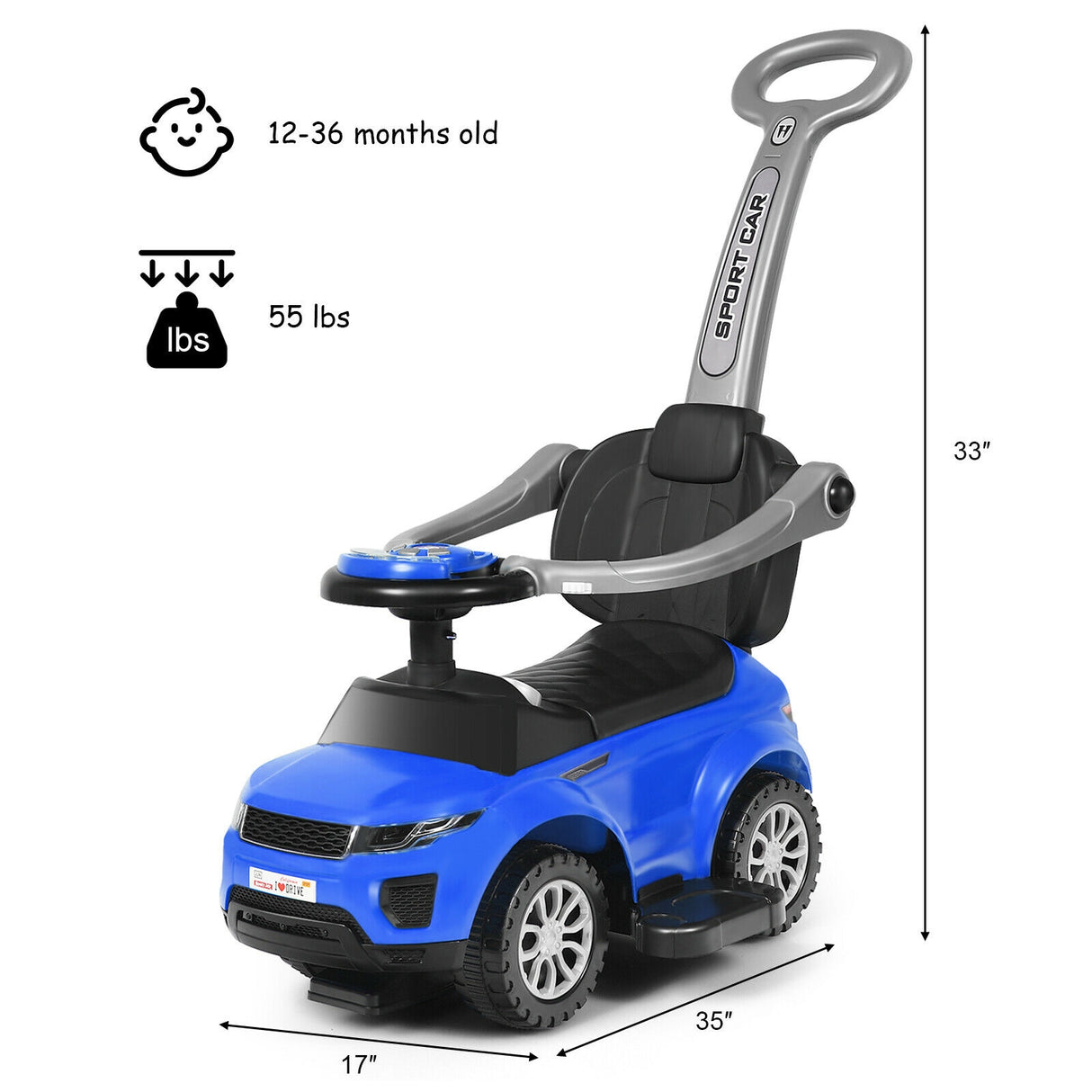 3 in 1 Ride on Push Car Toddler Stroller Sliding Car with Music-Black