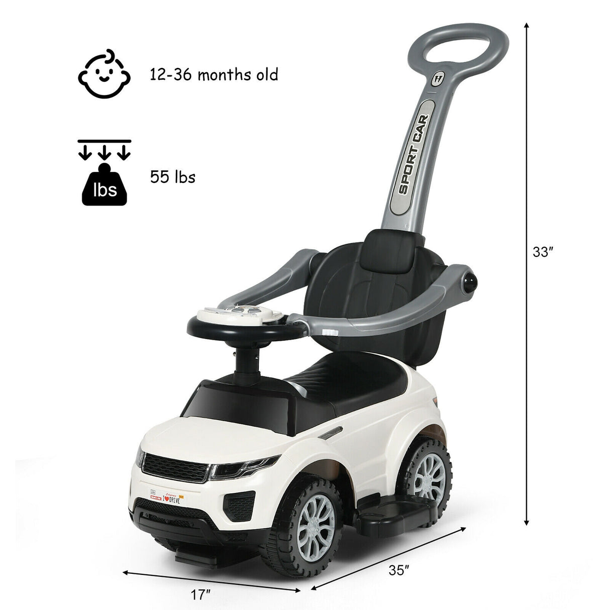 3 in 1 Ride on Push Car Toddler Stroller Sliding Car with Music-Black