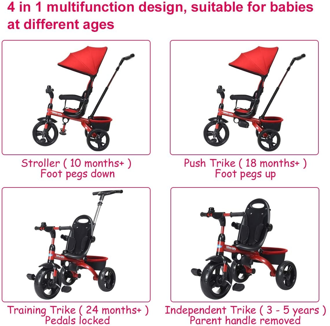 4-in-1 Kids Tricycle with Adjustable Push Handle-Blue