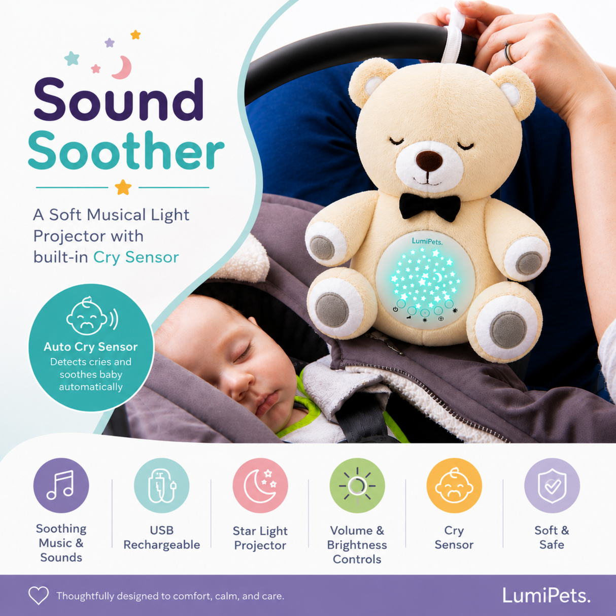Lumipets Bear with Sound Nursery Night Light & Sound Soother for Babies