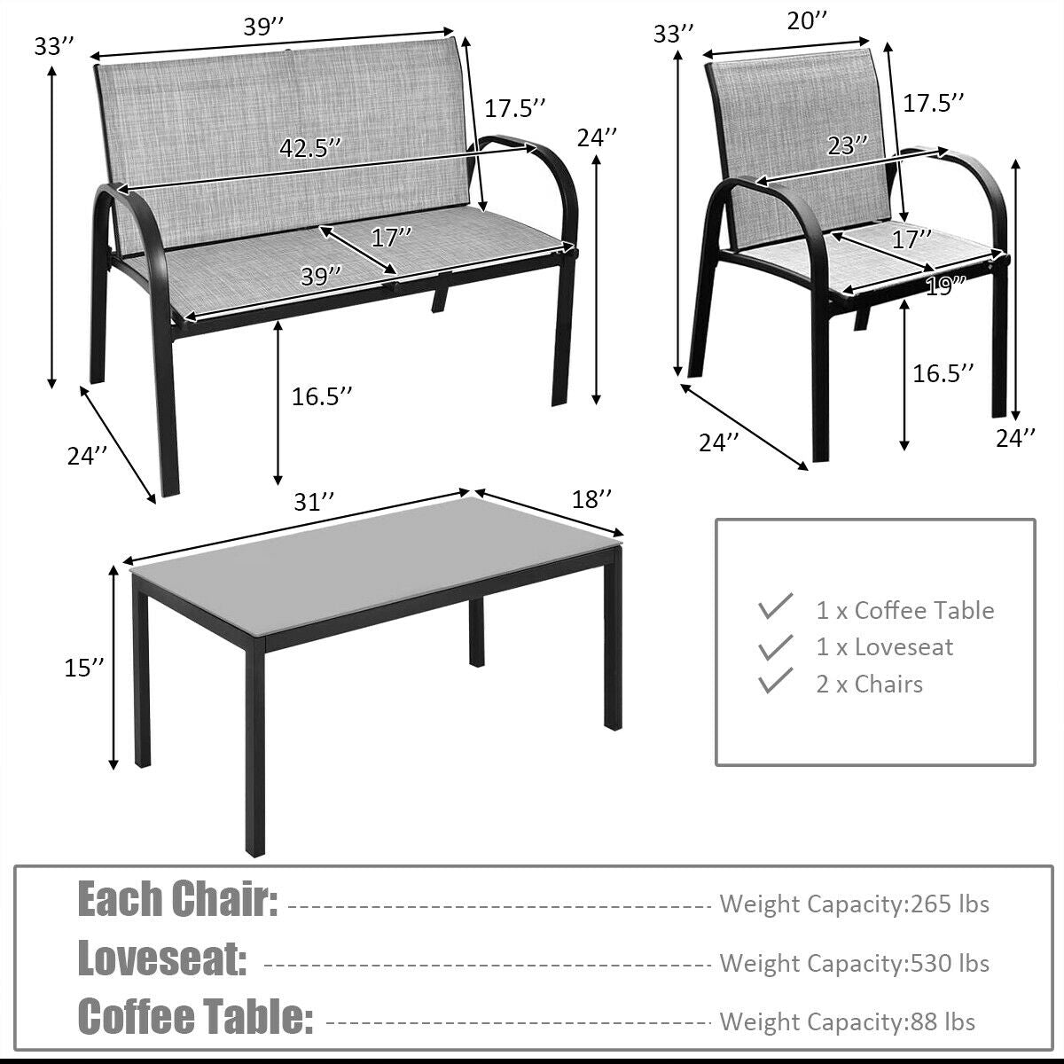 4 Pieces Patio Furniture Set with Glass Top Coffee Table-Black
