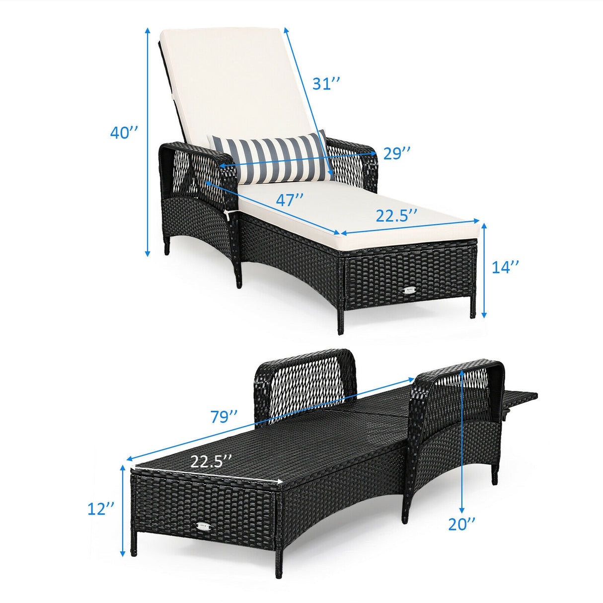 PE Rattan Armrest Chaise Lounge Chair with Adjustable Pillow-Off White
