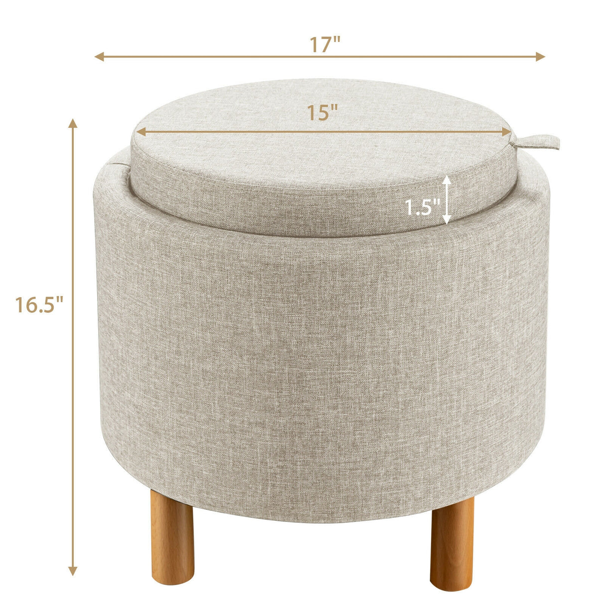 Round Fabric Storage Ottoman with Tray and Non-Slip Pads for Bedroom-Gray