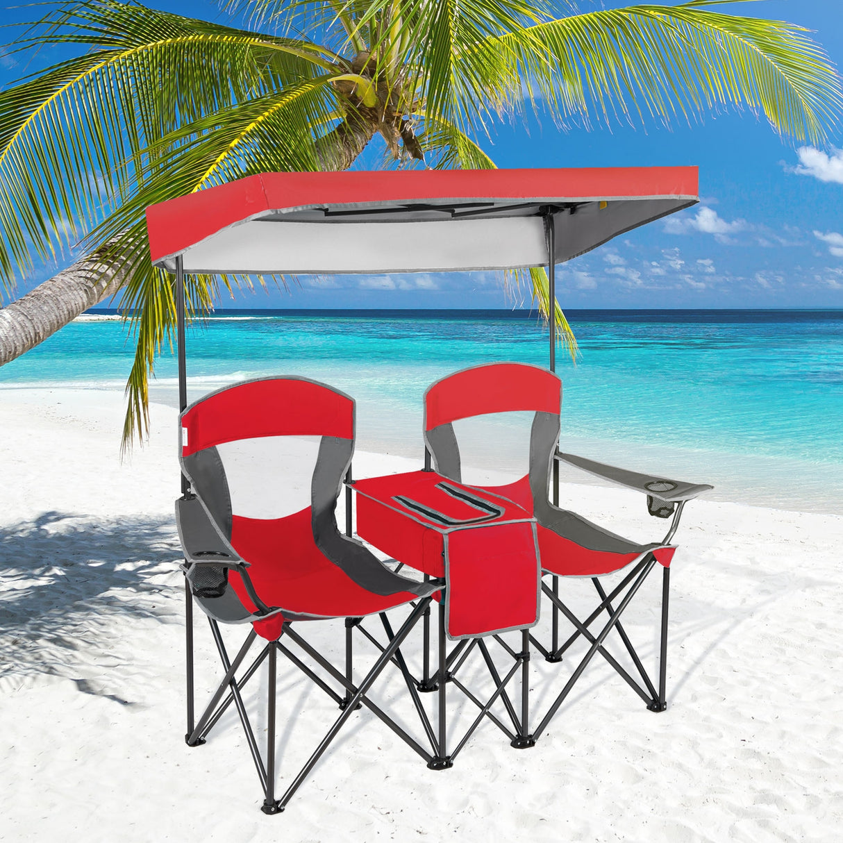 Patented Portable Folding Camping Canopy Chairs with Cup Holder-Blue