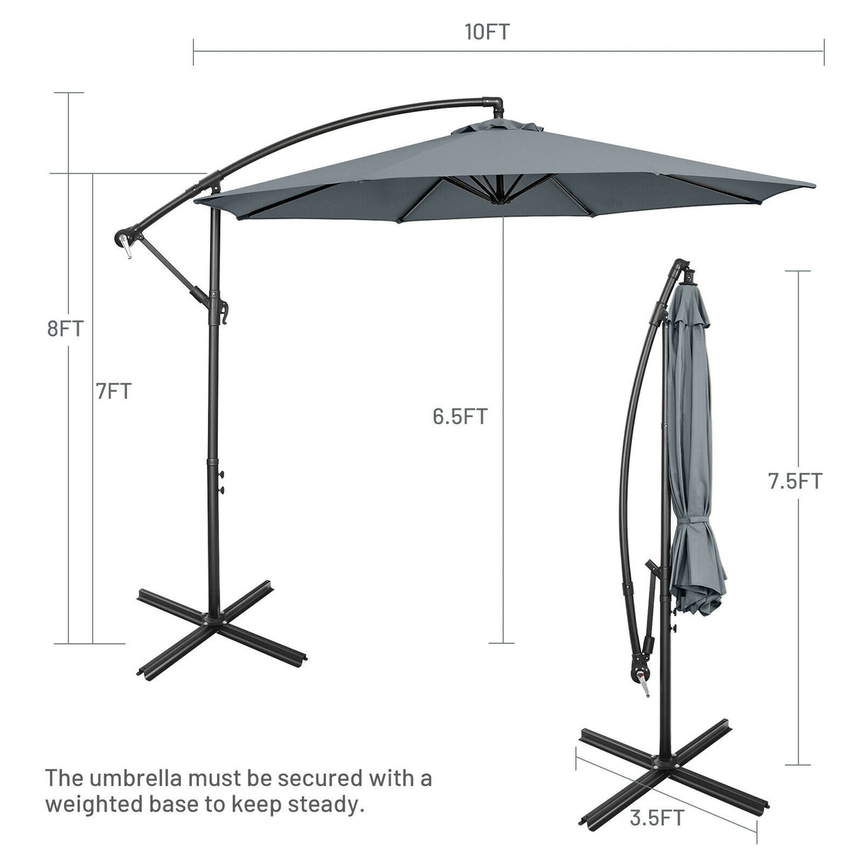 10 Feet Offset Umbrella with 8 Ribs Cantilever and Cross Base-Brown