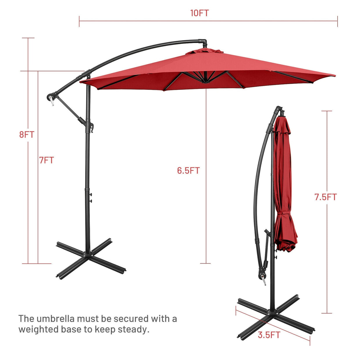 10 Feet Offset Umbrella with 8 Ribs Cantilever and Cross Base-Red by DirectDeals