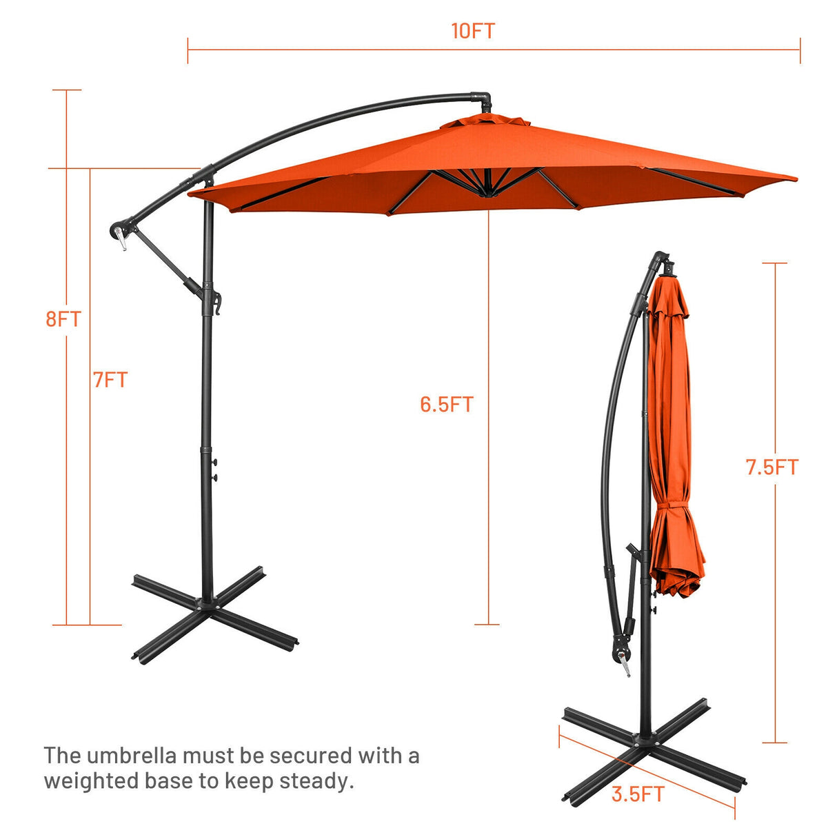 10 Feet Offset Umbrella with 8 Ribs Cantilever and Cross Base-Brown